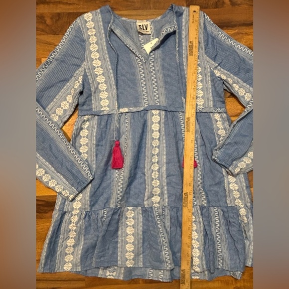 SLV Sur La Vague Blue Embroidered Boho Dress Tassel Detail | Size Medium - Picture 3 of 6